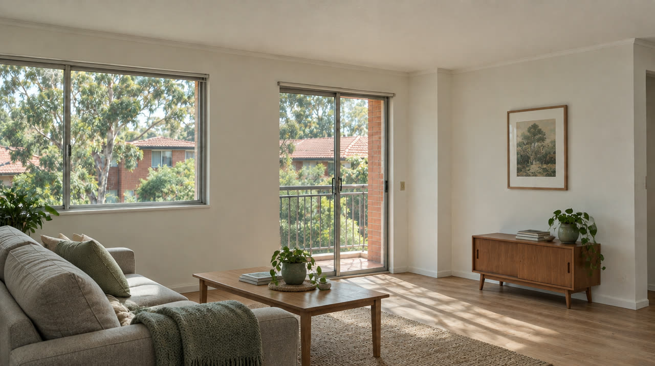 A freshly repaired living room in a red-brick strata unit, with gum trees outside