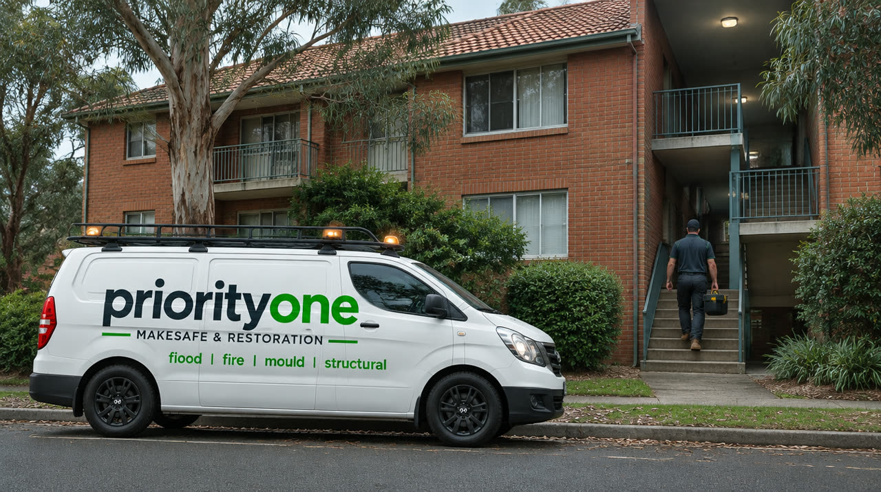 A Priority One van outside a red-brick strata block while a tradesman carries a toolbox up the common stairs